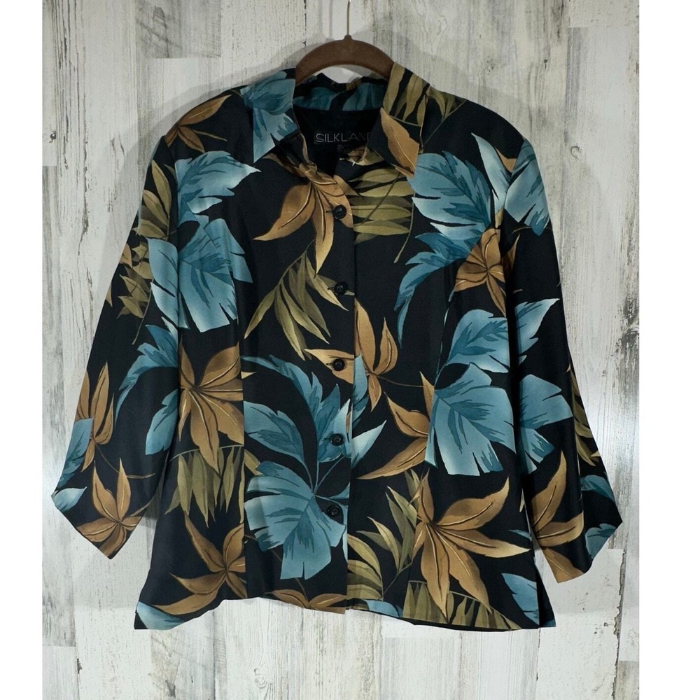 Silkland Silk Tropical Leaf Blouse Jacket 12 Black Blue Floral 3/4 Sleeve